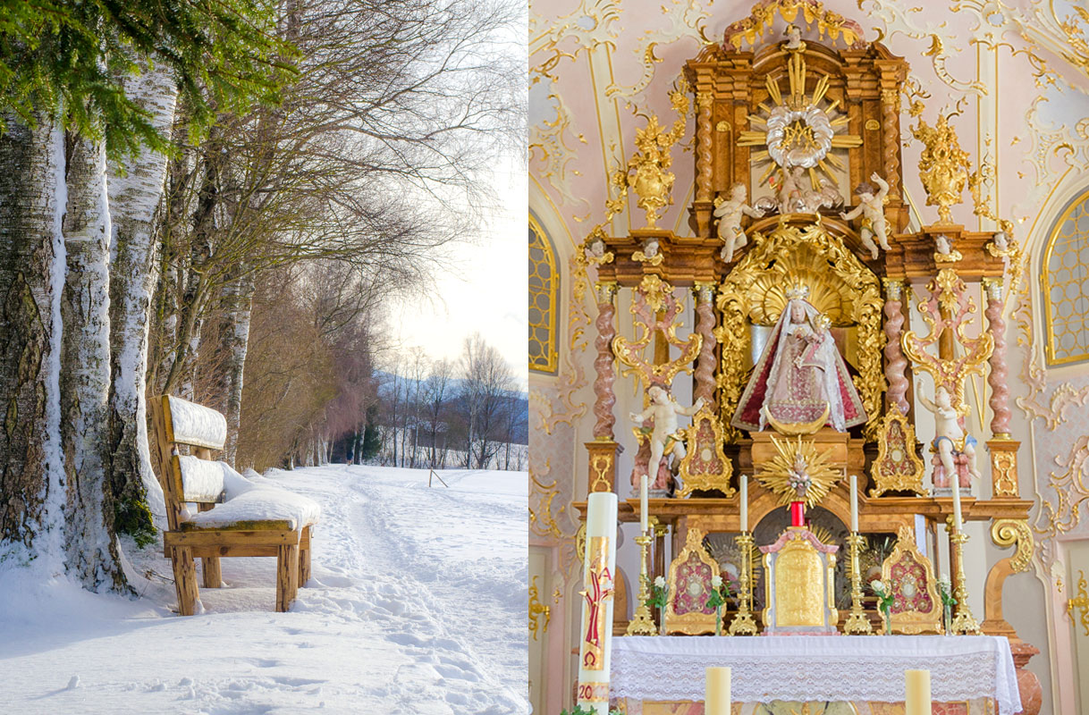 Bank im Schnee, Altar aus der Kirche am Hohen Peißenberg